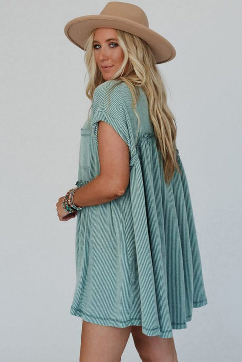 Corded Texture Frill Hem Pocketed Swing Mini Dress